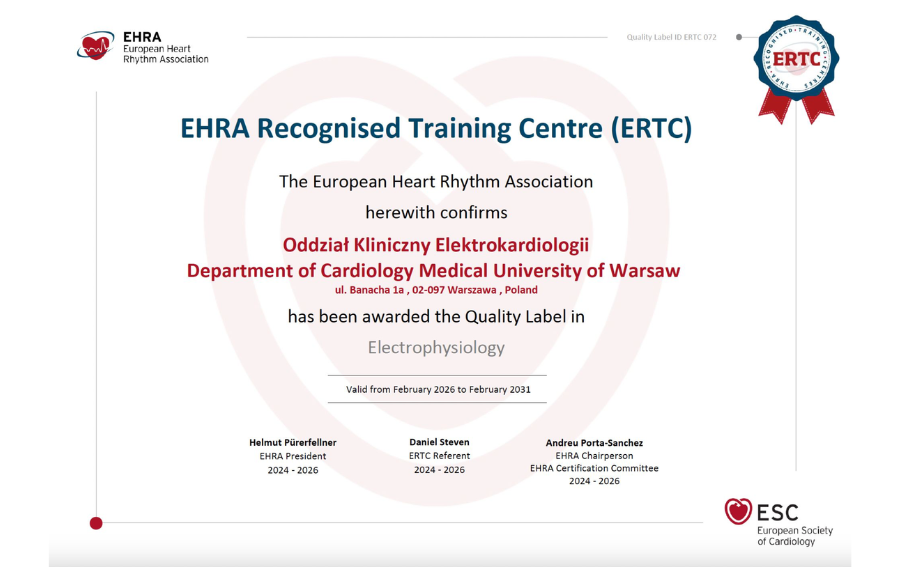 Europejski Certyfikat ERTC przyznany po raz pierwszy w Polsce Klinice Kardiologii UCK WUM